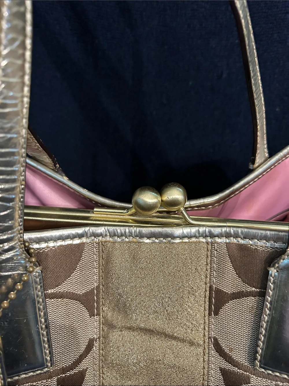 Coach Signature Monogram Canvas Tote w Gold Metallic Trim, Leather Straps